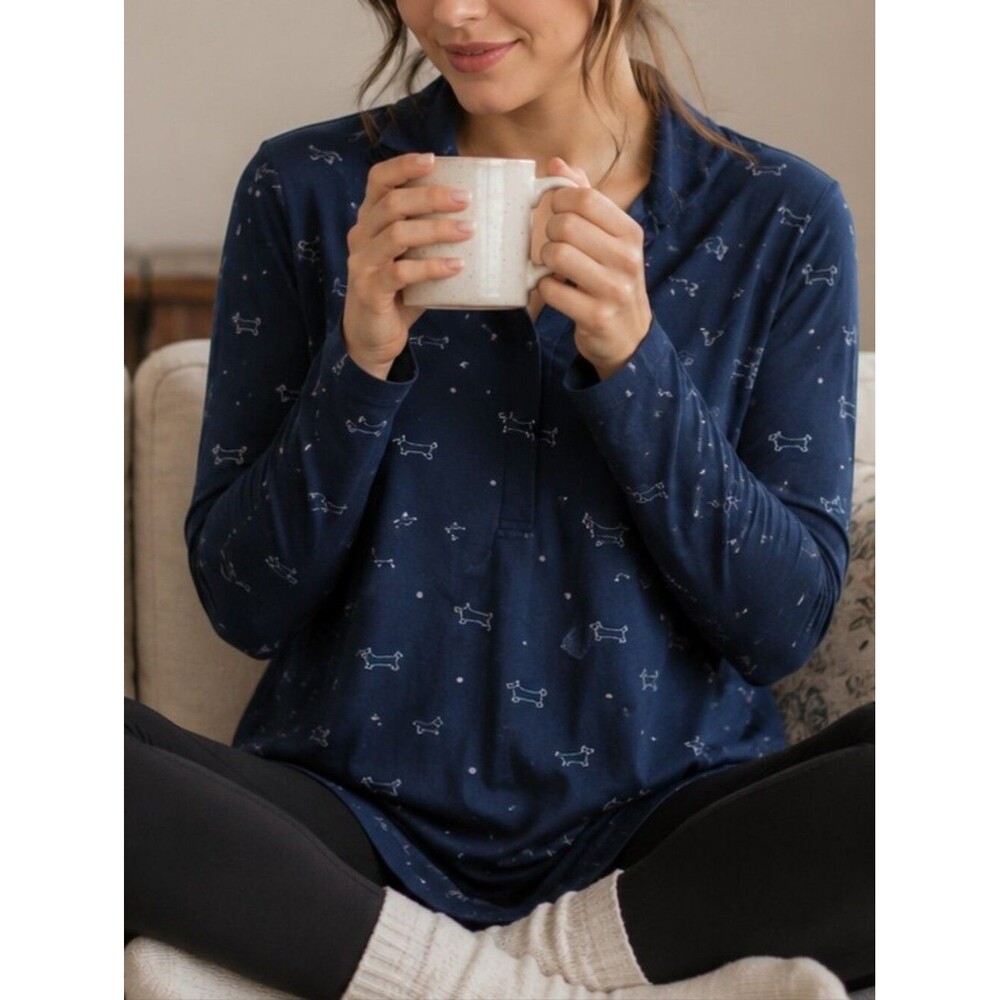 TART Intimates Navy Dachshund Print Nightshirt M Cozy Soft Pajamas L/S Cute Mini